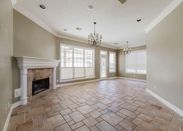 4135 Bellefontaine, Houston, TX 77025 - unfurnished living room with a chandelier, baseboards, crown molding, stone tile flooring, and a fireplace