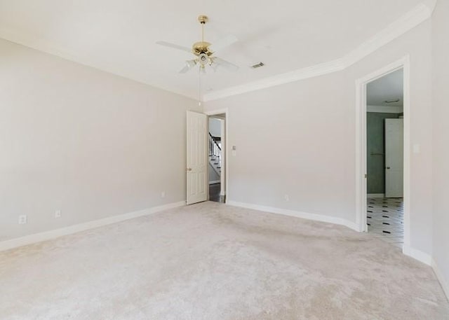 4135 Bellefontaine, Houston, TX 77025 - empty room featuring crown molding, a ceiling fan, light carpet, stairway, and baseboards