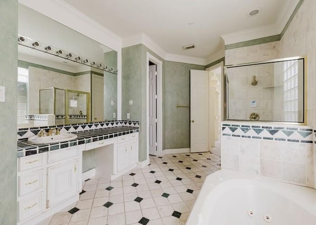 4135 Bellefontaine, Houston, TX 77025 - full bathroom featuring a shower stall, a jetted tub, vanity, ornamental molding, and tile patterned floors