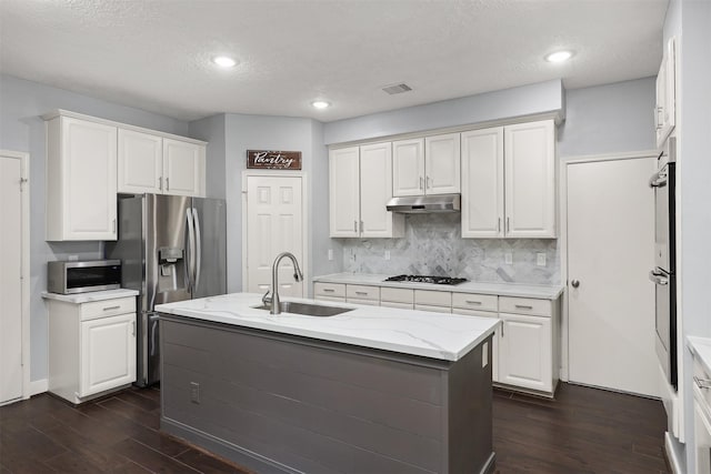 kitchen with a sink, appliances with stainless steel finishes, under cabinet range hood, and dark wood finished floors