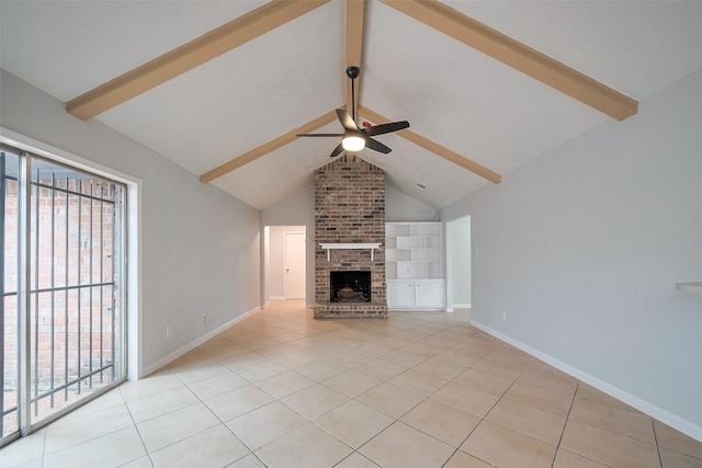 unfurnished living room featuring lofted ceiling with beams, ceiling fan, a healthy amount of sunlight, and light tile patterned floors