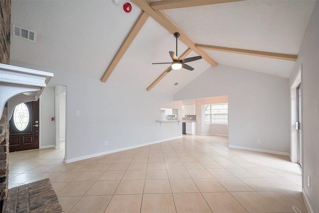 unfurnished living room with light tile patterned flooring, beam ceiling, a ceiling fan, plenty of natural light, and visible vents