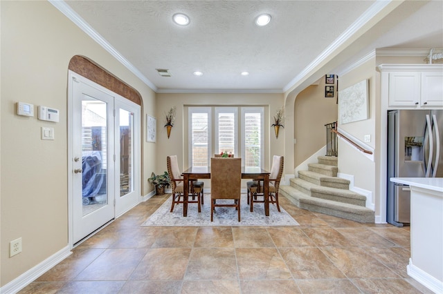 dining room featuring crown molding, stairway, recessed lighting, french doors, and baseboards