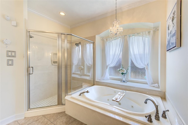 bathroom featuring a stall shower, a jetted tub, a chandelier, crown molding, and tile patterned floors