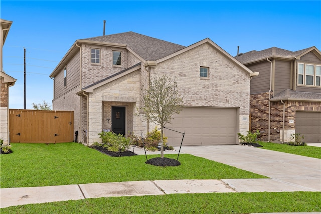 1100 Greenshank Dr, Katy, TX 77493 - view of front of property featuring stone siding, a garage, a front yard, brick siding, and driveway