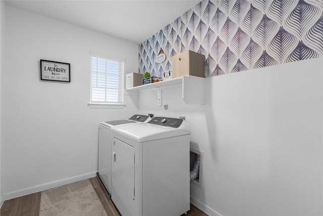 1100 Greenshank Dr, Katy, TX 77493 - clothes washing area with separate washer and dryer, dark wood-style flooring, baseboards, and laundry area