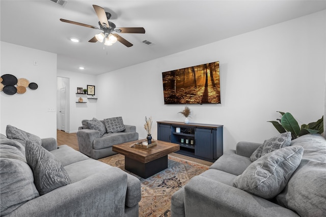 1100 Greenshank Dr, Katy, TX 77493 - living room with recessed lighting, baseboards, ceiling fan, visible vents, and wood finished floors