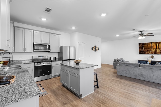 1100 Greenshank Dr, Katy, TX 77493 - kitchen with gray cabinets, a sink, appliances with stainless steel finishes, light wood-style flooring, and visible vents