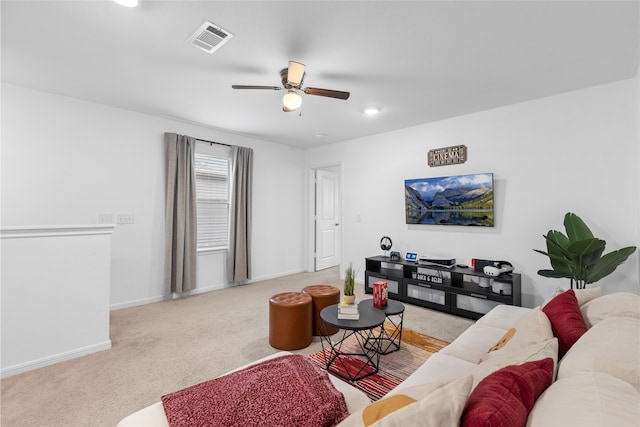 1100 Greenshank Dr, Katy, TX 77493 - carpeted living area with baseboards, visible vents, recessed lighting, and a ceiling fan
