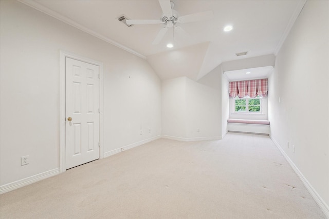 5079 Cedar Creek Dr, Houston, TX 77056 - additional living space with light carpet, recessed lighting, baseboards, ceiling fan, and vaulted ceiling