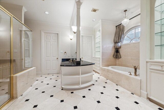 5079 Cedar Creek Dr, Houston, TX 77056 - full bath with a garden tub, a stall shower, vanity, crown molding, and recessed lighting