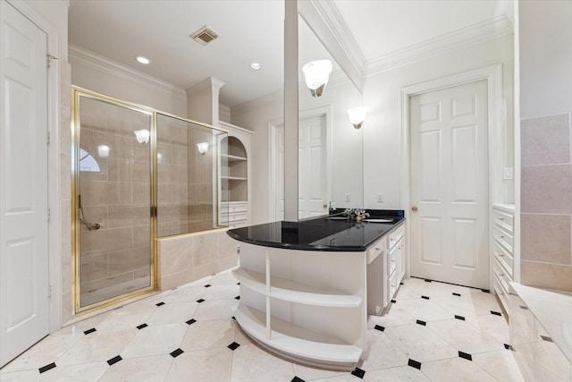 5079 Cedar Creek Dr, Houston, TX 77056 - full bath with a shower stall, tile patterned floors, ornamental molding, vanity, and recessed lighting