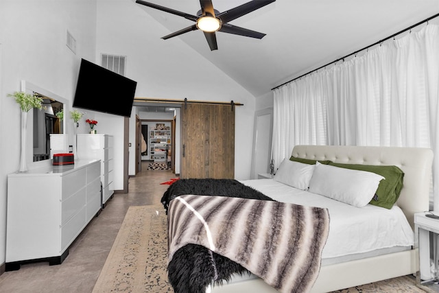 618 Lester St, Houston, TX 77007 - bedroom with high vaulted ceiling, a barn door, and ceiling fan