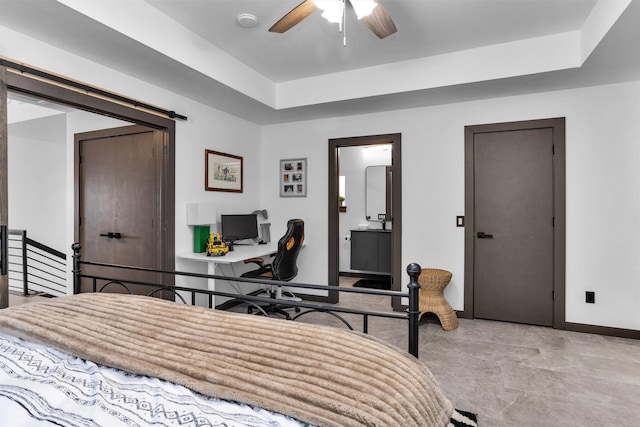 618 Lester St, Houston, TX 77007 - bedroom featuring baseboards, a desk, a ceiling fan, and a tray ceiling