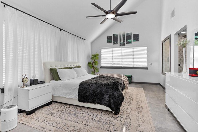 618 Lester St, Houston, TX 77007 - bedroom featuring high vaulted ceiling, baseboards, and ceiling fan