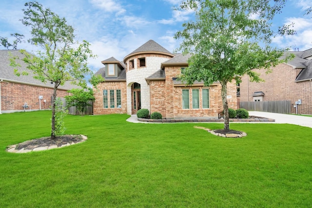 2019 Doolan Dr, Conroe, TX 77301 - french provincial home featuring brick siding, a front lawn, fence, and a shingled roof