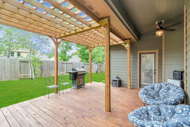 2019 Doolan Dr, Conroe, TX 77301 - wooden deck with a pergola, a fenced backyard, a yard, and a grill