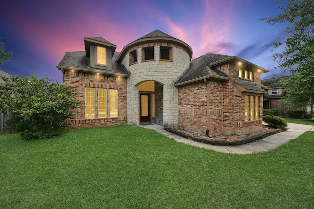 2019 Doolan Dr, Conroe, TX 77301 - french country home with brick siding, a front lawn, and roof with shingles