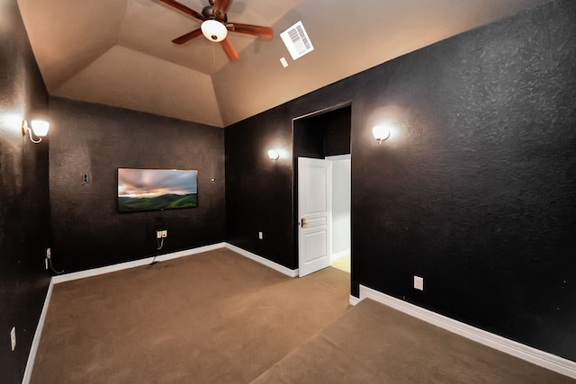 2019 Doolan Dr, Conroe, TX 77301 - unfurnished room with vaulted ceiling, ceiling fan, carpet flooring, baseboards, and visible vents