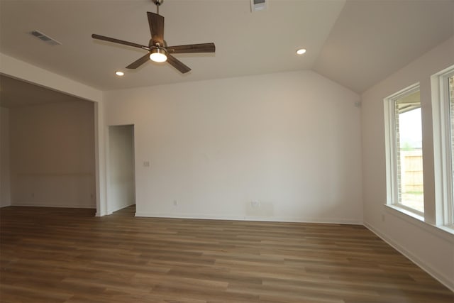 8526 Pier Cove Dr, Cypress, TX 77433 - empty room featuring plenty of natural light, wood finished floors, ceiling fan, recessed lighting, and lofted ceiling