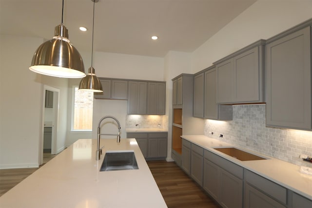 8526 Pier Cove Dr, Cypress, TX 77433 - kitchen featuring gray cabinetry, dark wood-style flooring, and recessed lighting