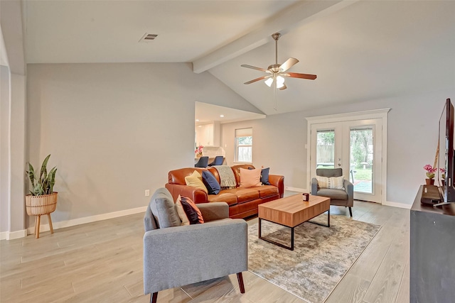 5806 Cartagena St, Houston, TX 77035 - living room featuring vaulted ceiling with beams, visible vents, light wood-style flooring, and ceiling fan