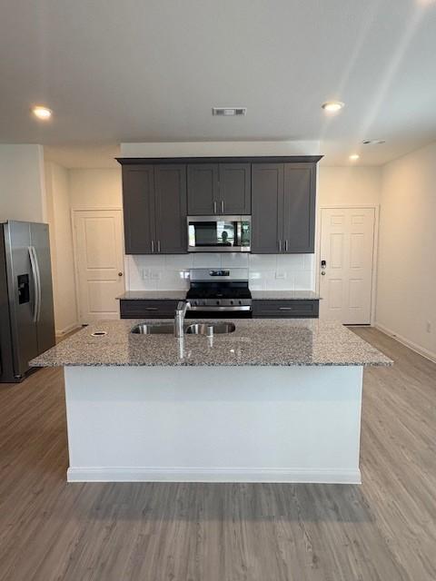 25519 Balsamroot Dr, Magnolia, TX 77355 - kitchen featuring stainless steel appliances, light stone counters, light wood finished floors, and recessed lighting