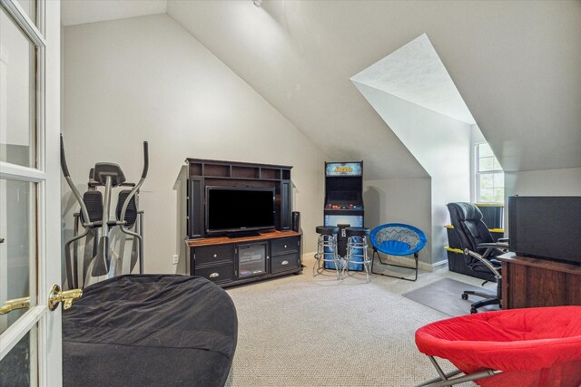 office space featuring vaulted ceiling and carpet flooring