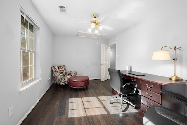 8922 Eaglecove Dr, Houston, TX 77064 - office area with baseboards, attic access, visible vents, ceiling fan, and wood finished floors