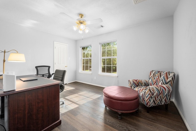 8922 Eaglecove Dr, Houston, TX 77064 - office with visible vents, baseboards, a ceiling fan, and wood finished floors
