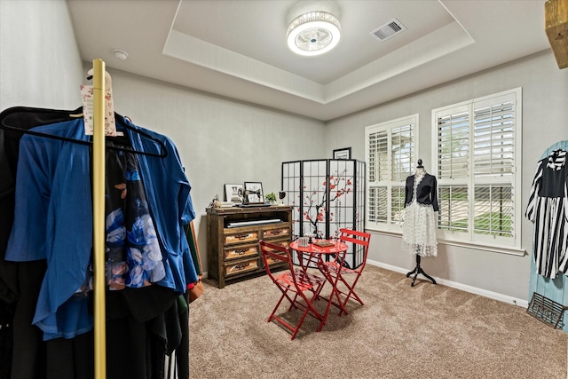 9791 Waller St, Conroe, TX 77303 - interior space featuring a tray ceiling, baseboards, carpet flooring, and visible vents