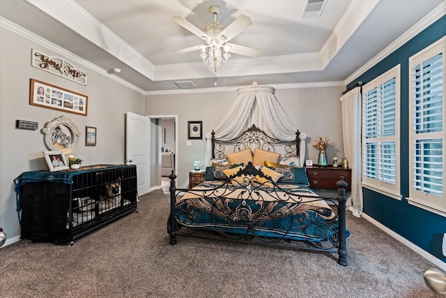 9791 Waller St, Conroe, TX 77303 - bedroom with a tray ceiling, carpet flooring, ornamental molding, and visible vents