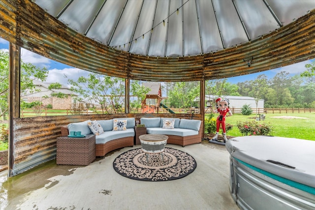 9791 Waller St, Conroe, TX 77303 - view of patio featuring fence, a playground, and an outdoor hangout area