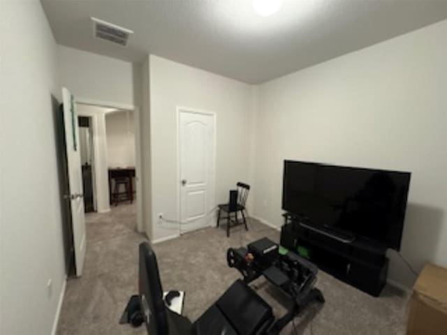 workout area with carpet flooring and visible vents