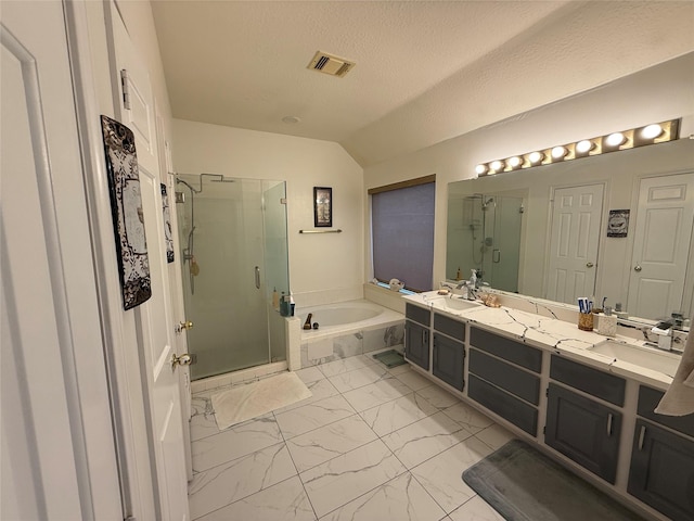 bathroom with a textured ceiling, visible vents, a shower stall, marble finish floor, and a garden tub