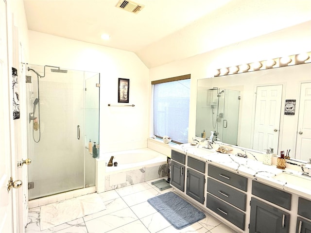7615 Clover Canyon Cir, Houston, TX 77095 - full bathroom with a stall shower, a bath, lofted ceiling, double vanity, and marble finish floors