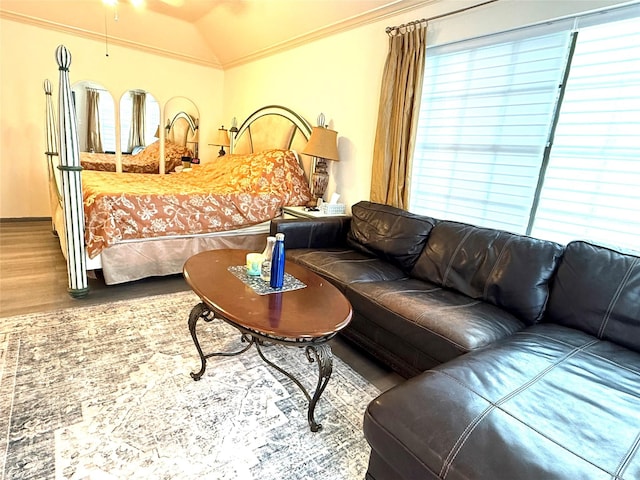 7615 Clover Canyon Cir, Houston, TX 77095 - bedroom with vaulted ceiling, wood finished floors, and crown molding