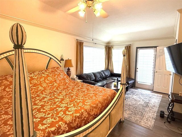 7615 Clover Canyon Cir, Houston, TX 77095 - bedroom featuring dark wood-style floors, ornamental molding, access to exterior, and a ceiling fan