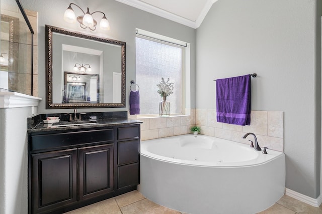 full bath featuring vanity, vaulted ceiling, a whirlpool tub, ornamental molding, and tile patterned floors
