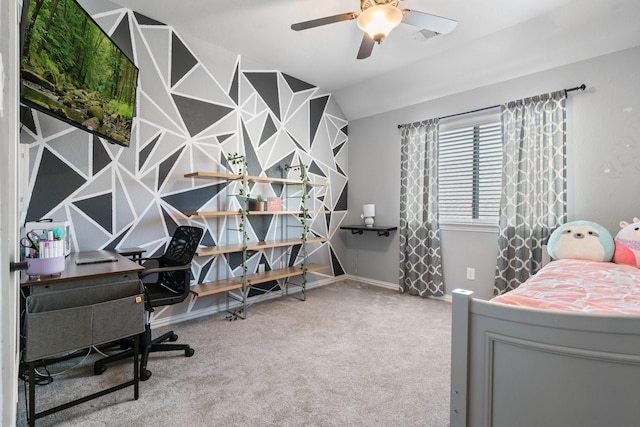 bedroom with baseboards, visible vents, carpet, and vaulted ceiling