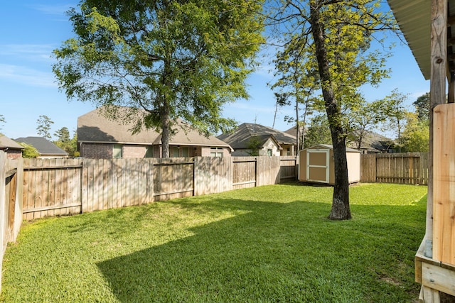 view of yard with a storage unit, a fenced backyard, and an outdoor structure