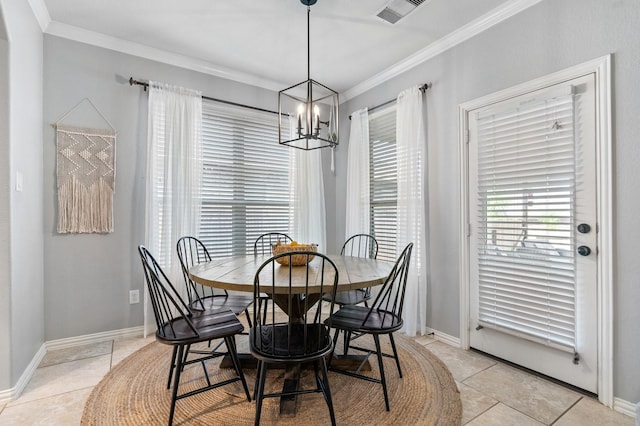 dining room featuring light tile patterned flooring, a notable chandelier, crown molding, and visible vents