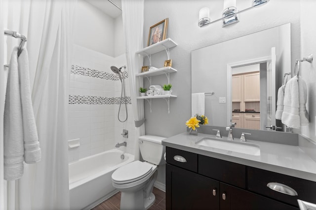 11202 Puckett River Dr, Cypress, TX 77433 - full bathroom featuring toilet, shower / bathtub combination with curtain, vanity, and wood finished floors
