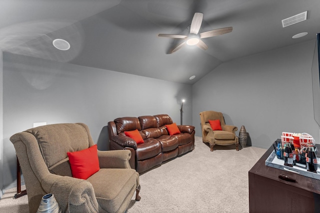 11202 Puckett River Dr, Cypress, TX 77433 - living room featuring carpet floors, vaulted ceiling, and a ceiling fan