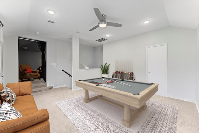 11202 Puckett River Dr, Cypress, TX 77433 - rec room featuring lofted ceiling, light colored carpet, ceiling fan, baseboards, and recessed lighting