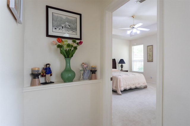 bedroom featuring carpet floors and ceiling fan