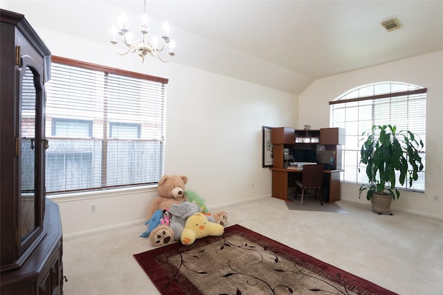 carpeted office with a chandelier, vaulted ceiling, and baseboards