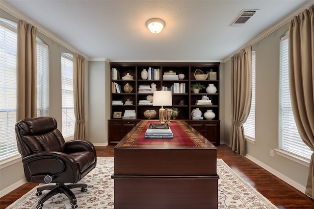13214 Dusty Grove Ln, Sugar Land, TX 77498 - office featuring dark wood-style floors, crown molding, and baseboards