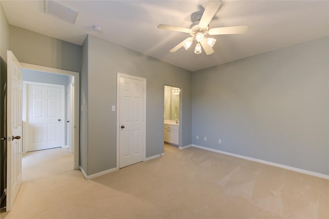 13214 Dusty Grove Ln, Sugar Land, TX 77498 - unfurnished bedroom with light carpet, baseboards, ensuite bathroom, and ceiling fan