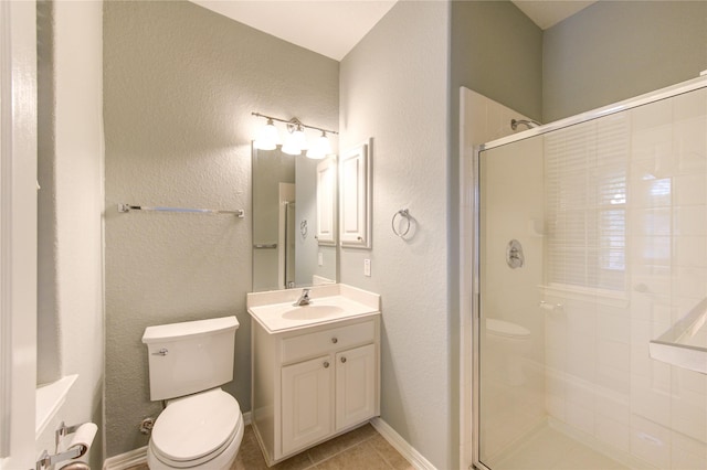 13214 Dusty Grove Ln, Sugar Land, TX 77498 - bathroom featuring a shower stall, vanity, tile patterned floors, and a textured wall
